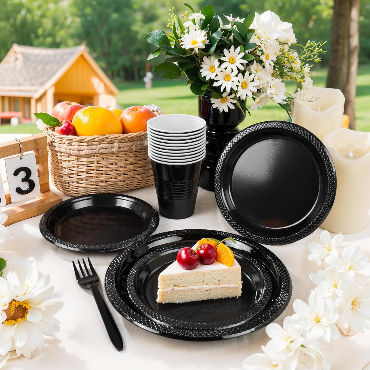 MirthMood 350PCS Black Disposable Plates, Black Party Supplies, Includes 50 Dinner Plates, 50 Salad Plates, 50 Silverware, 50 Napkins and 50 12OZ Cups.