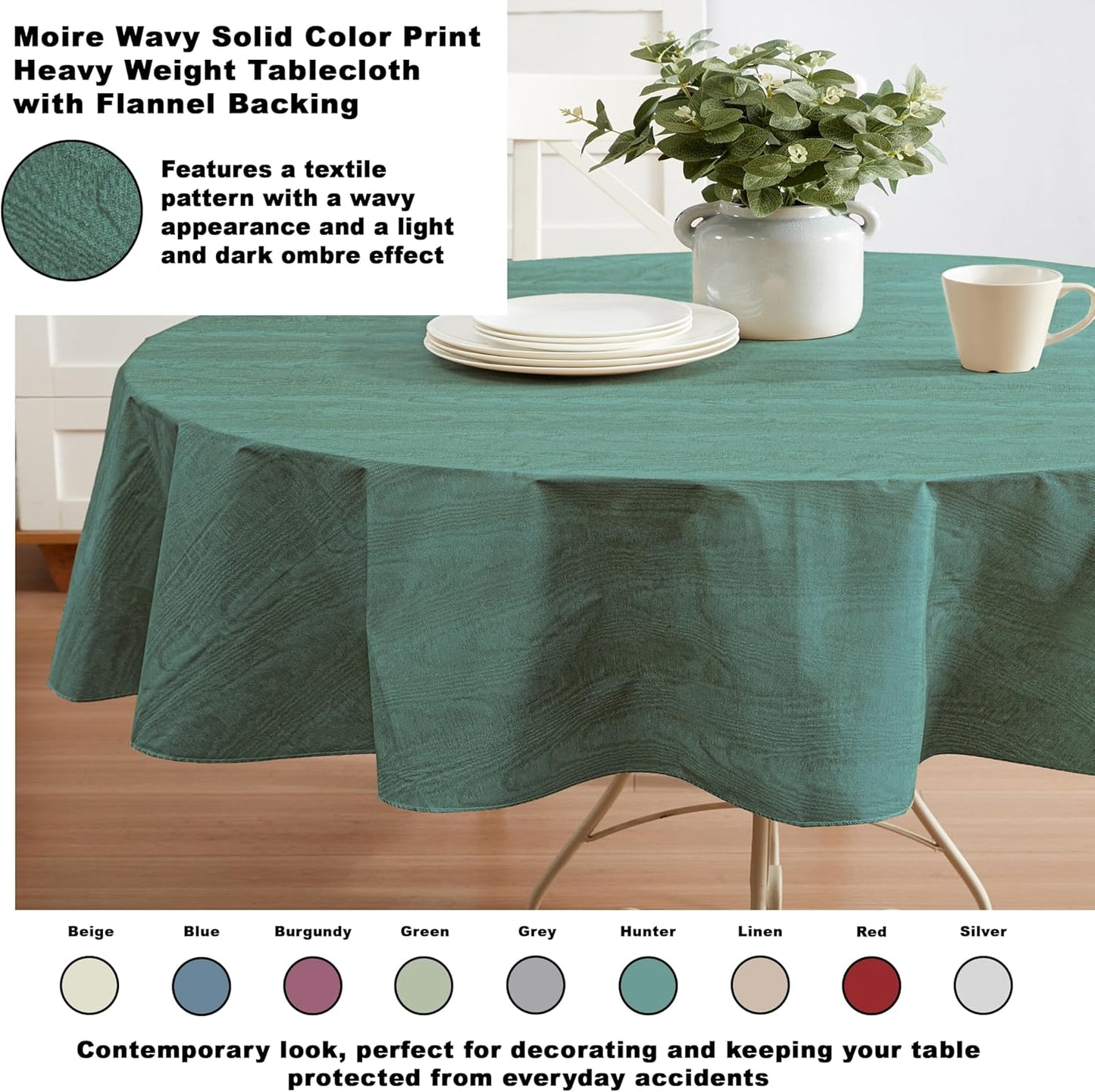 Newbridge Vinyl Flannel Backed Tablecloth, 60 x 84 Inch Oval, Hunter Green Moire Wavy Solid Design, Heavyweight Indoor Outdoor Waterproof Table Cover, Easy Care Wipe Clean