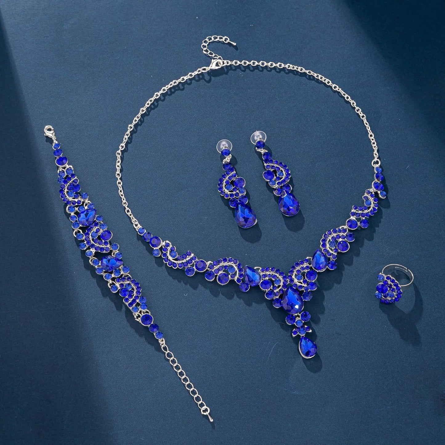 Crystal Bridal Wedding Jewelry Sets for Women Rhinestone Teardrop Crystal Statement Choker Necklace Drop Earrings Link Bracelets Rings Teardrop Jewelry Set for Brides Bridesmaids