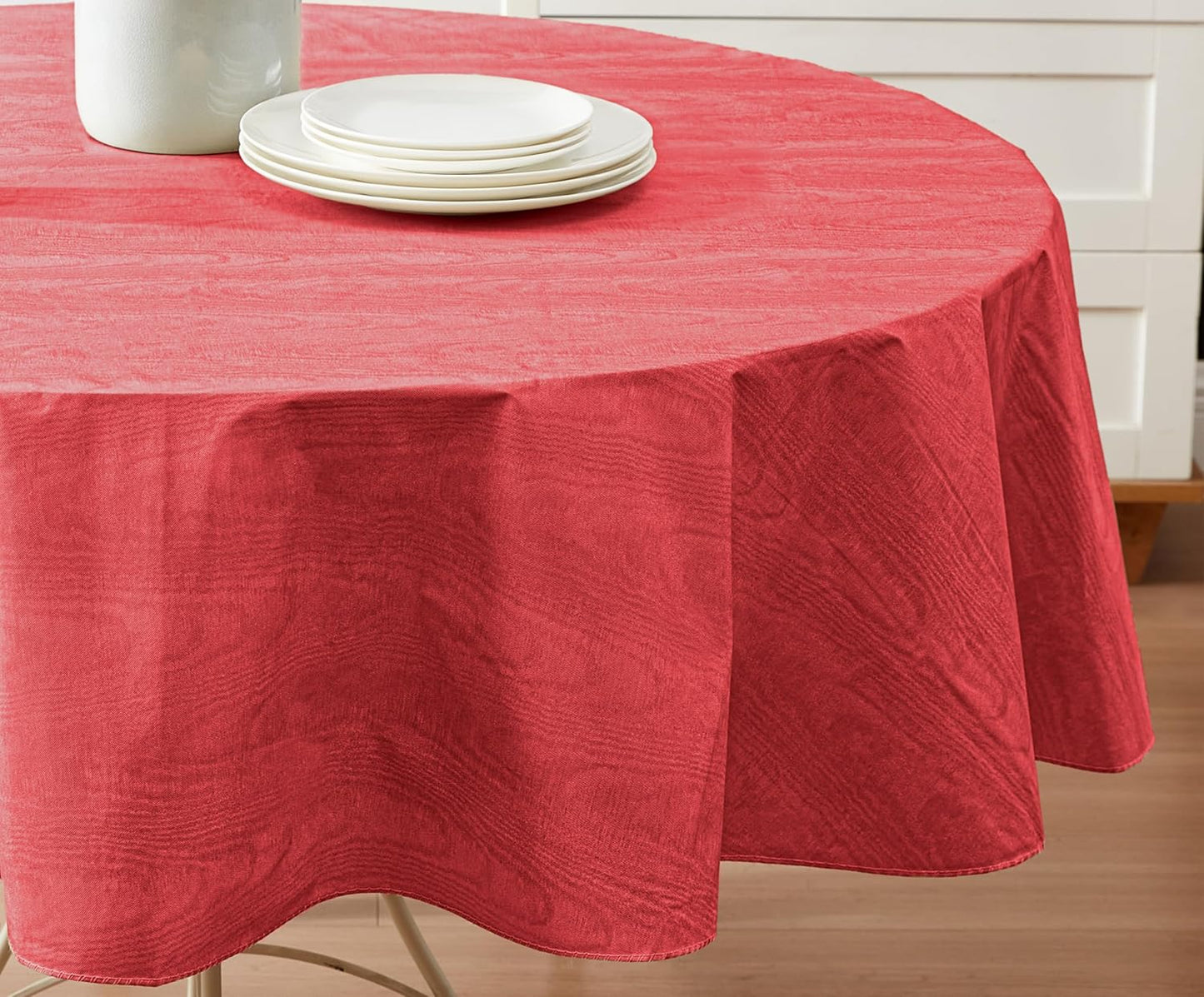 Newbridge Vinyl Flannel Backed Tablecloth, 70 inch Round, Red Moire Wavy Solid Design, Heavyweight Indoor Outdoor Waterproof Table Cover, Easy Care Wipe Clean