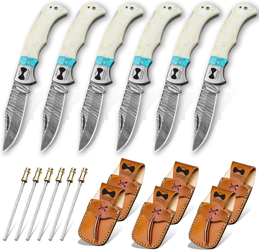 Set of 6 - Personalized Damascus Pocket Knife for Groomsmen -With Leather Sheaths - Custom Engraved Pocket Knives | Groomsman Gifts for Wedding, Groomsmen Proposal Gifts