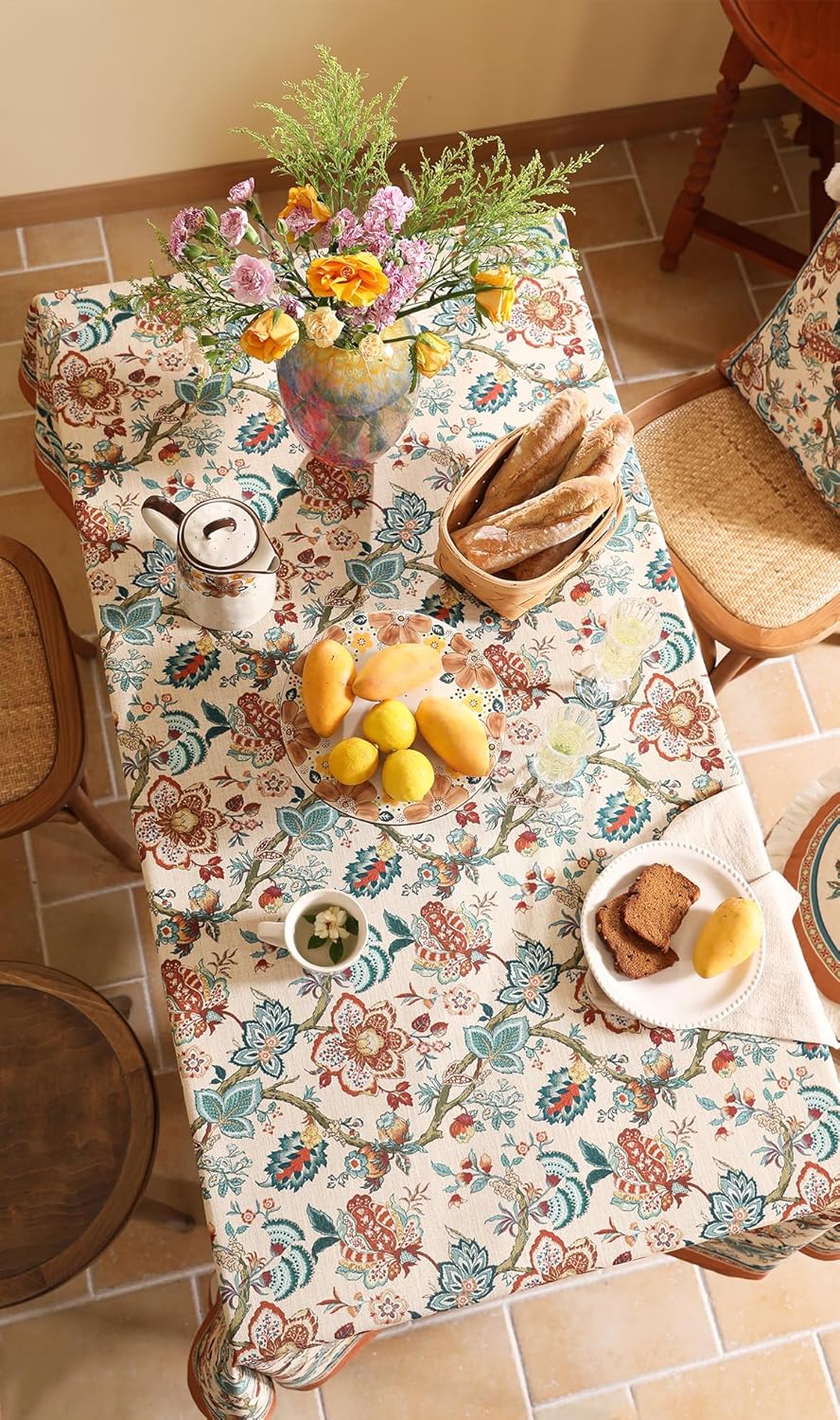 Linen Colorful Floral Long Rectangle Tablecloth,Vintage Indian Colorfast Block Print Table Cloth,Decorative Table Cover for Kitchen,Dining,Thanksgiving,Christmas,63"*94"-Mangala
