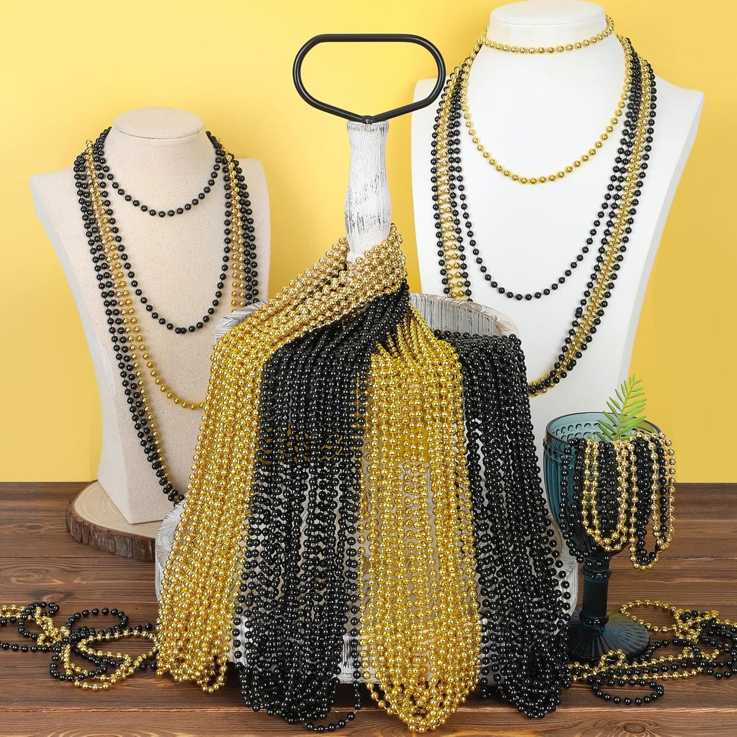 30PCS New Years Beads Necklaces, Black Gold Beaded Necklace Party Supplies, 33" New Years Eve Graduations Necklaces Decorations, Festival New Years Graduations Mardi Gras Parade Throw Accessories