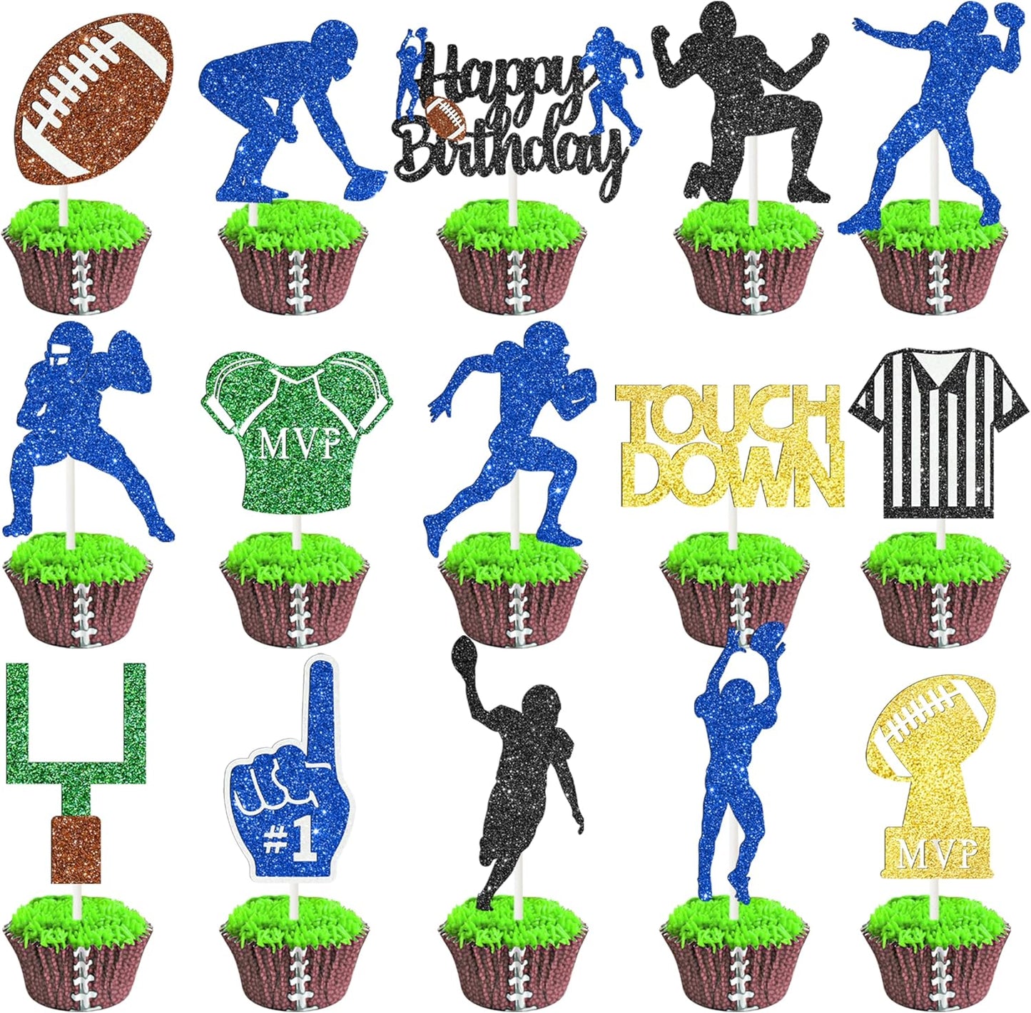 24pcs Glitter Football Party Cupcake Toppers Football Birthday Party Decorations Rugby Cake Cupcake Decor for Footballs Player Birthday Party Sport Game Day Baby Shower Supplies
