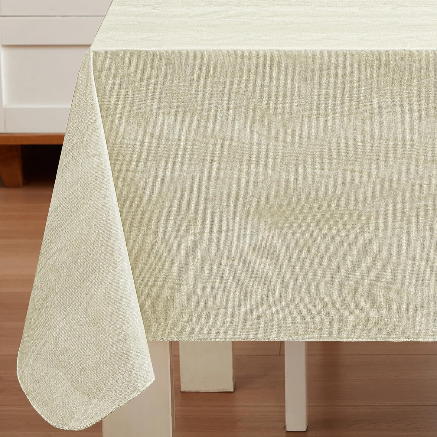 Newbridge Vinyl Flannel Backed Tablecloth, 60 x 102 Inch Rectangle, Beige Moire Wavy Solid Design, Heavyweight Indoor Outdoor Waterproof Table Cover, Easy Care Wipe Clean