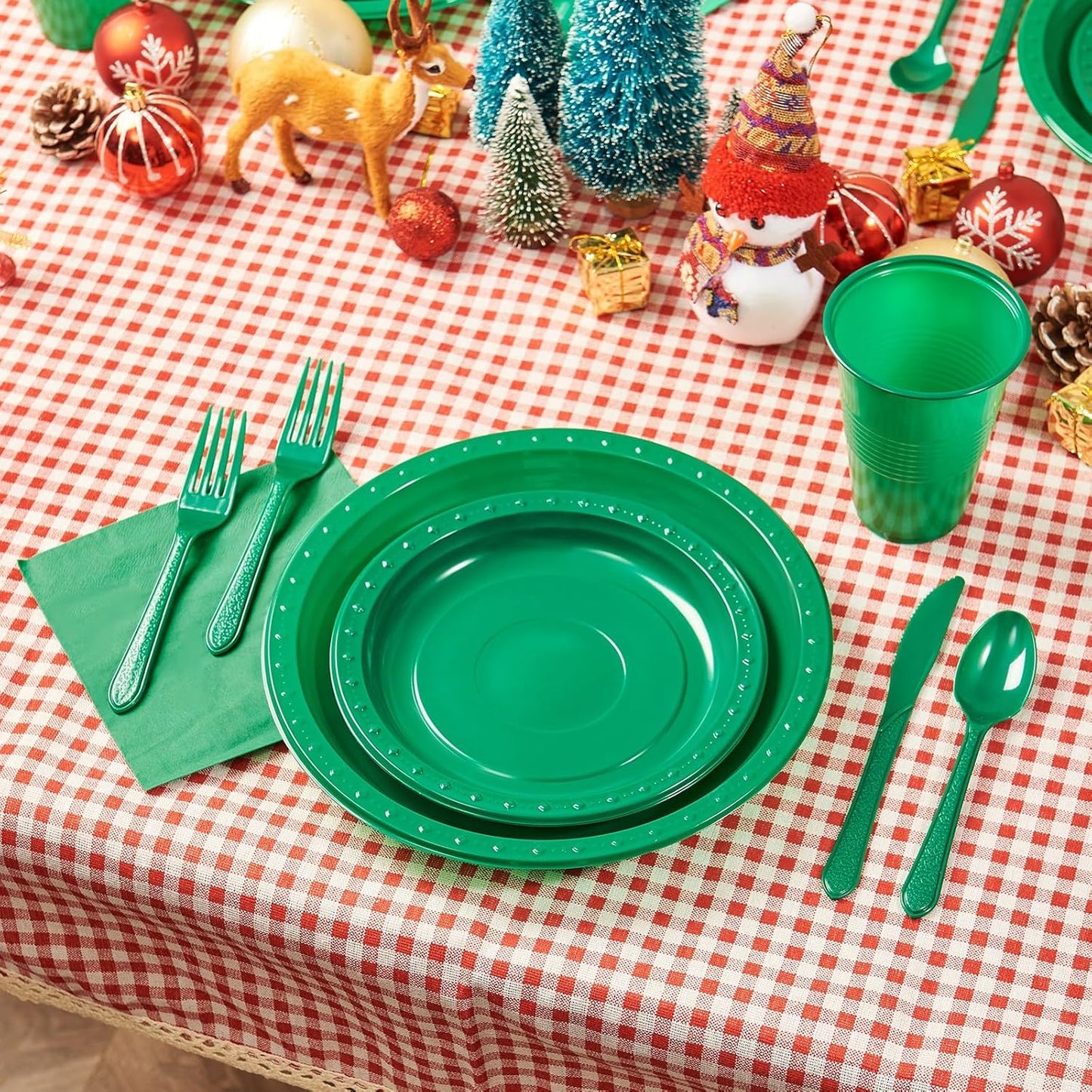 FULING 175 PCS Green Party Supplies Disposable Dinnerware Set Plastic Plates and Paper Napkins Cups Silverware Serve 25 Sets for Birthday Bridal Shower Wedding Engagement Christmas Parties