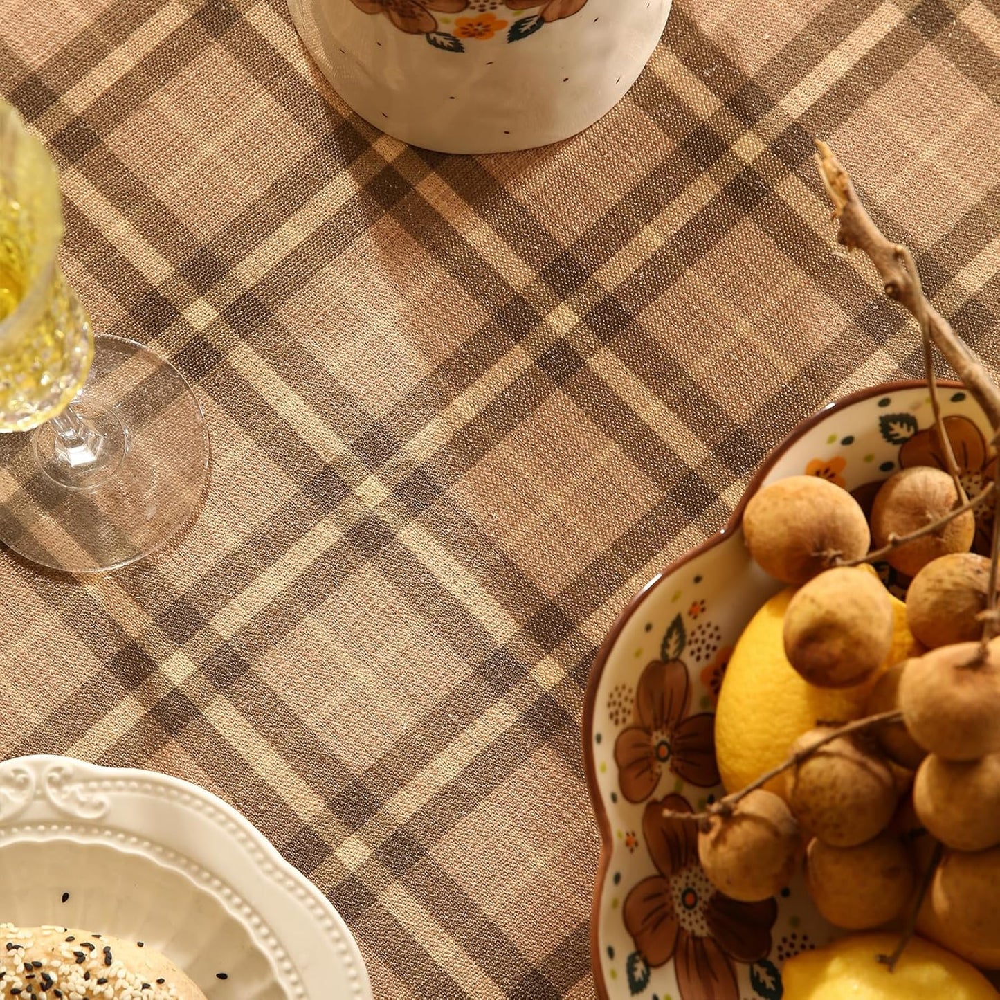 Vintage Brown Checkered Small Rectangle Tablecloth,Italian Floral Linen Wrinkle Resistant Table Cloth,Decor Table Cover for Kitchen,Dining,Thanksgiving,Christmas,55"*71"-Seville