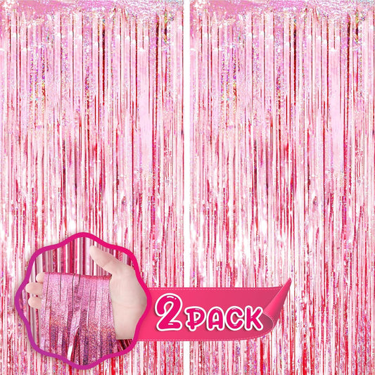 2 Pack 3.3x8.2 Feet Laser Pink Foil Fringe Backdrop Curtains, Tinsel Streamers Birthday Party Decorations, Fringe Backdrop for Graduation, Baby Shower, Gender Reveal, Disco Party