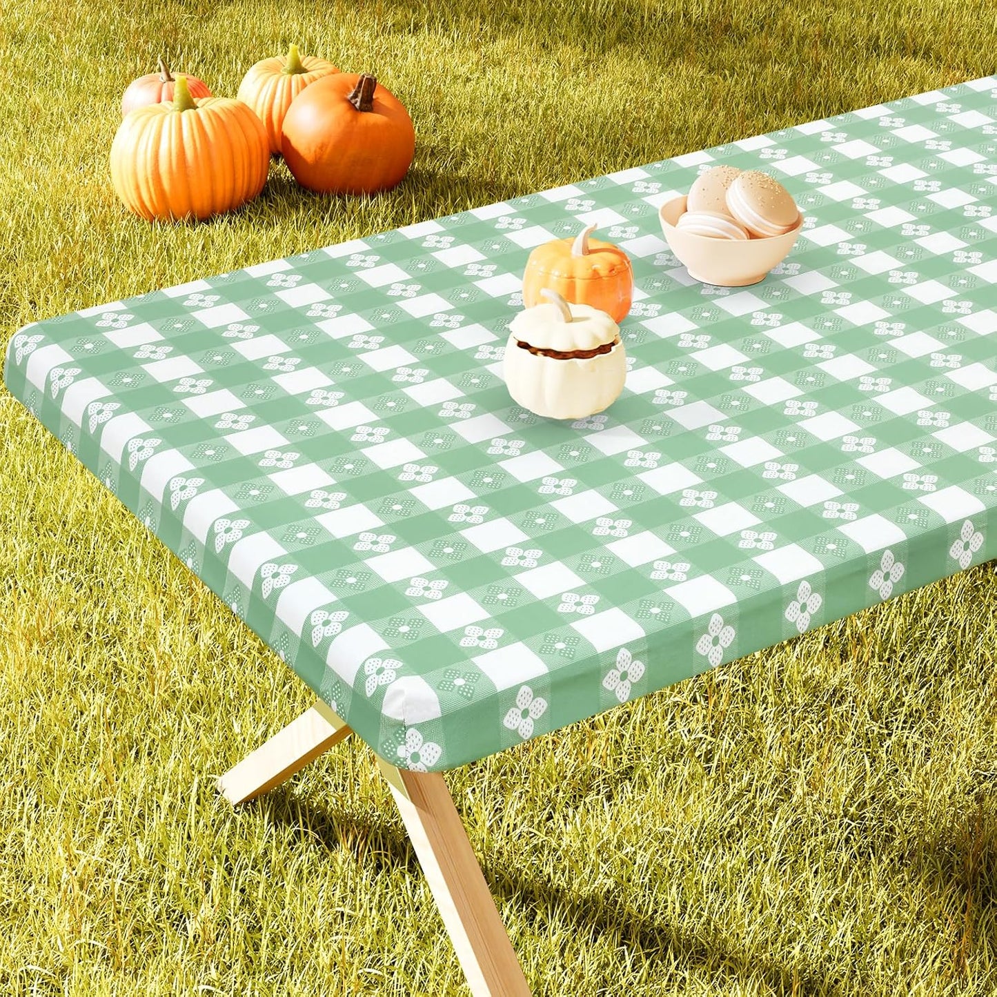 Rectangle Vinyl Table Cloth, Waterproof Elastic Fitted Tablecloth with Flannel Backing, Plastic Table Cover for Picnic, Camping, Outdoor (White & Sage Green, 30"x48")