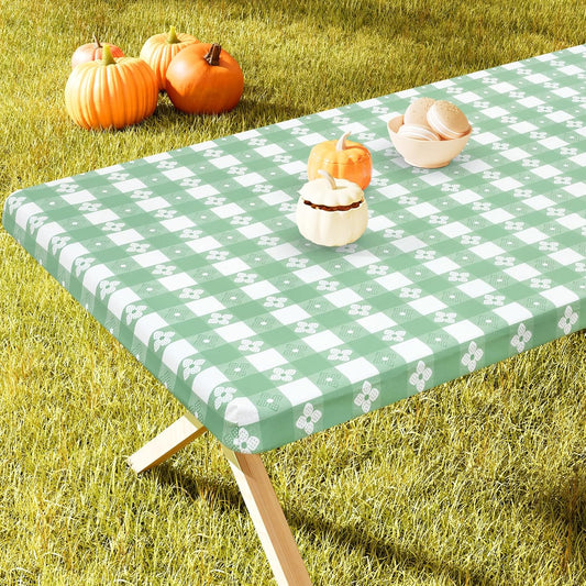 Rectangle Vinyl Table Cloth, Waterproof Elastic Fitted Tablecloth with Flannel Backing, Plastic Table Cover for Picnic, Camping, Outdoor (White & Sage Green, 30"x60")