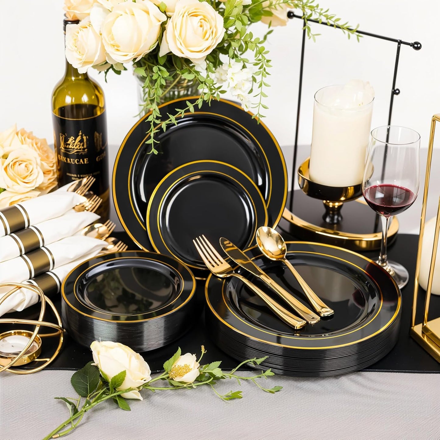 350 Pieces Black and Gold Plastic Plates with Disposable Silverware, Include 50 Dinner Plates 9”, 50 Dessert Plates 6.3”, 50 Black Cups 9 OZ, 50 Pre Rolled Napkins for New Year