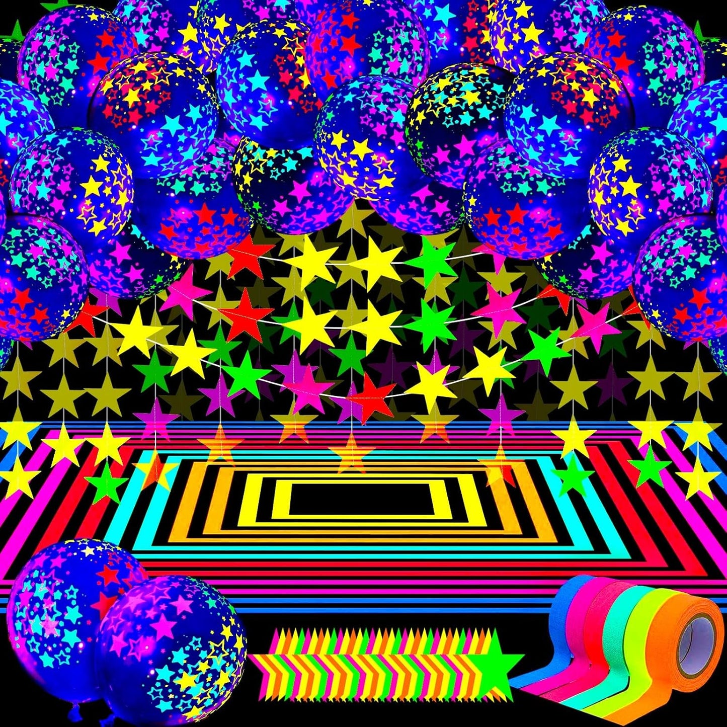 32 Pcs Glow in The Dark Party Supplies Christmas Neon Party Favors with 25 Fluorescent Balloon 6 Rolls 98.4 ft UV Blacklight Luminous Tape 14.4 ft Neon Streamer Garland for Adults(Clear Star)