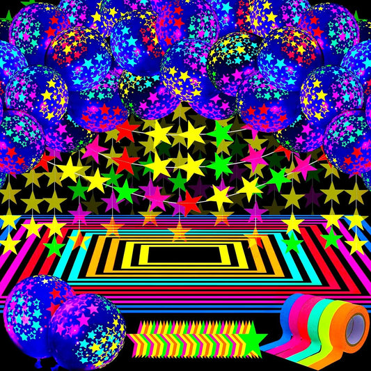 32 Pcs Glow in The Dark Party Supplies Christmas Neon Party Favors with 25 Fluorescent Balloon 6 Rolls 98.4 ft UV Blacklight Luminous Tape 14.4 ft Neon Streamer Garland for Adults(Clear Star)