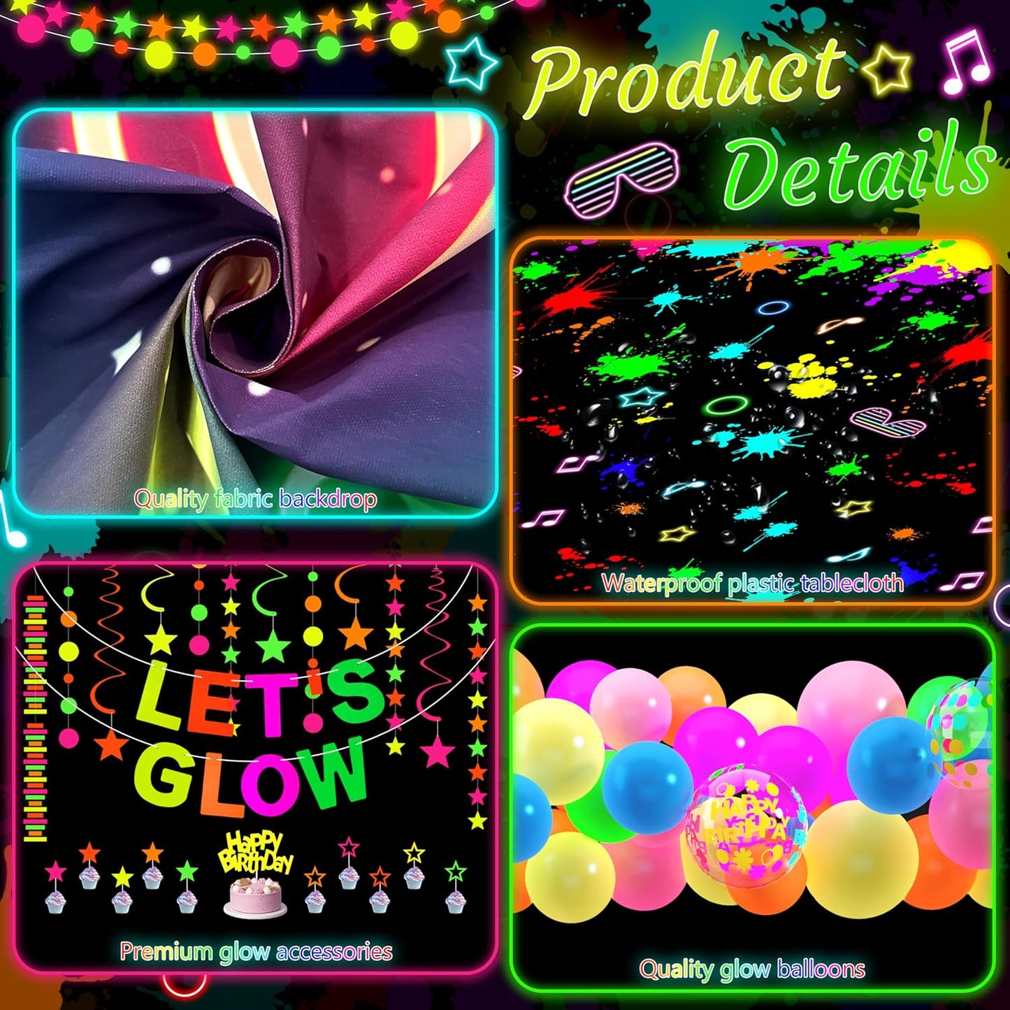Neon Birthday Party Decoration Glow in The Dark Party Supplies Let's Glow Backdrop Banner Neon Fluorescent Balloons Garland Arch Kit Star Hanging Swirl Black Light Reactive Glow Tape Neon Streamer