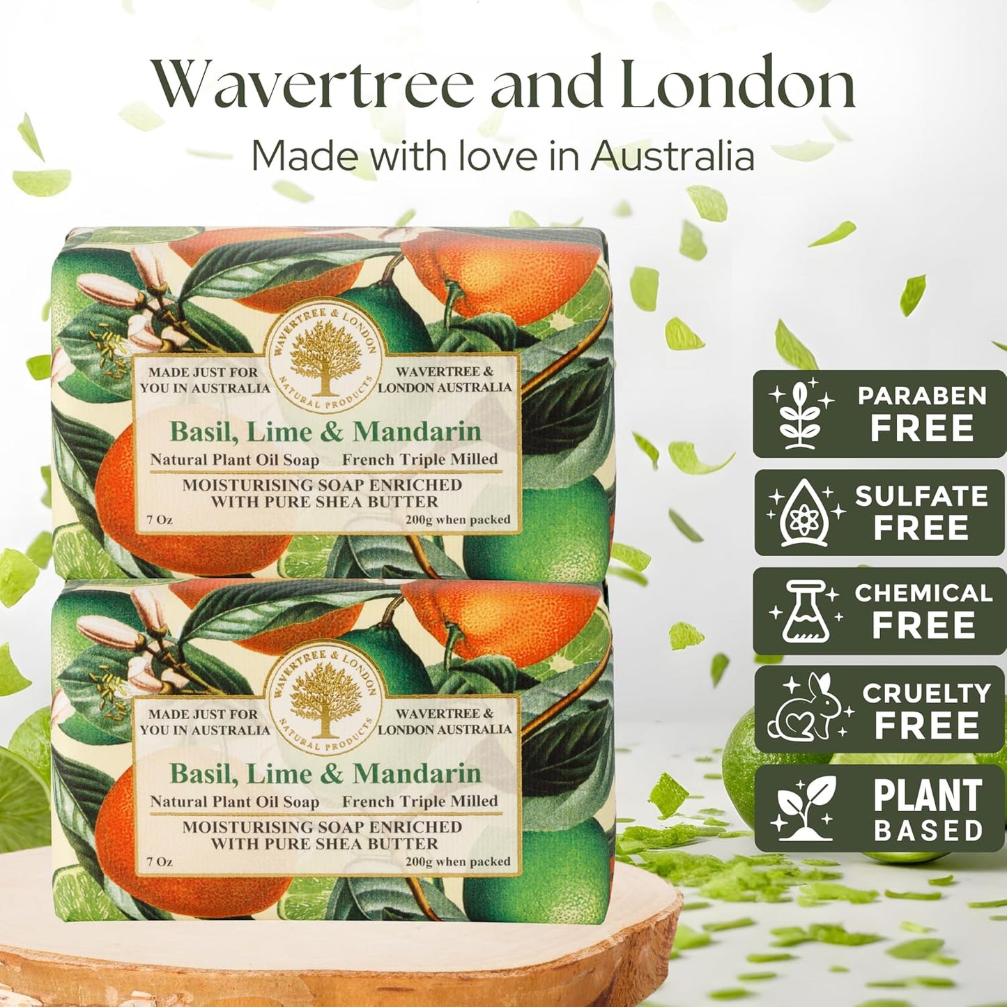 Wavertree & London Basil Lime & Mandarin Scented Natural Soap (2 Bars), 7oz Moisturizing French Triple Milled Soap Bars enriched with shea butter - Pure Plant Based Bath & Body Bars for All Skin Types