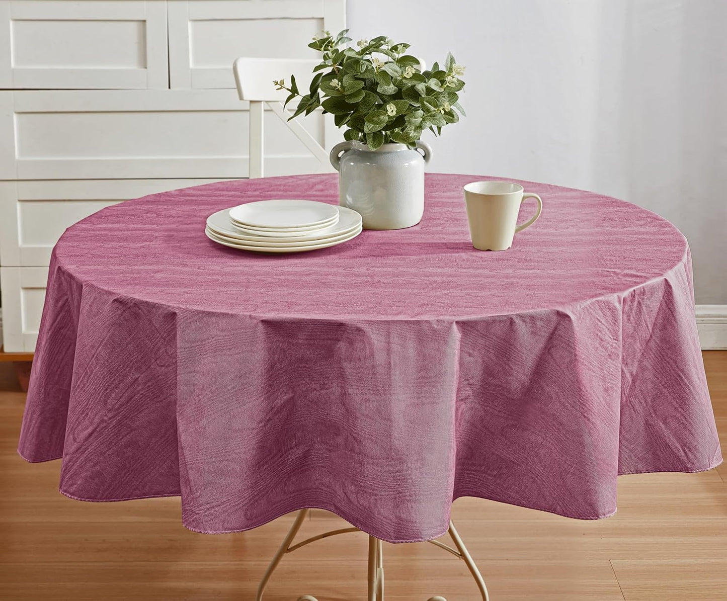 Newbridge Vinyl Flannel Backed Tablecloth, 60 x 84 Inch Oval, Burgundy Moire Wavy Solid Design, Heavyweight Indoor Outdoor Waterproof Table Cover, Easy Care Wipe Clean