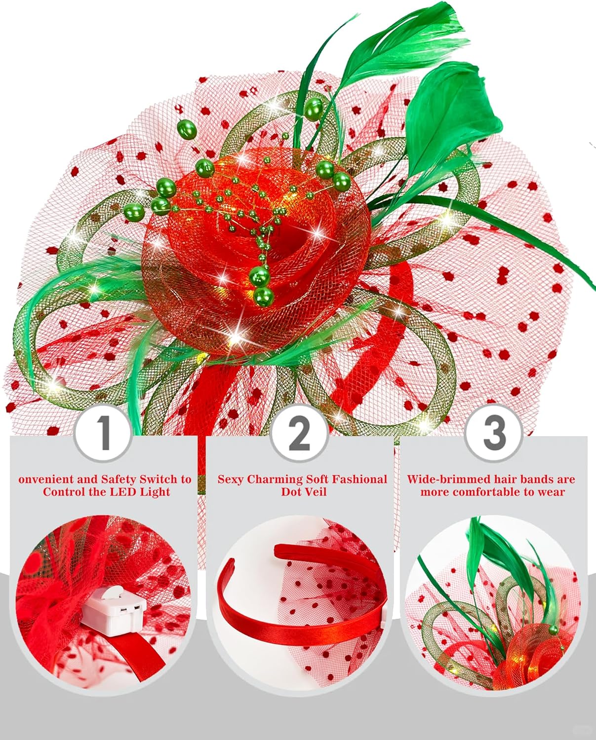 Fascinator Hat for Women LED Light up Tea Party Hats Mesh Veil Headband for Women