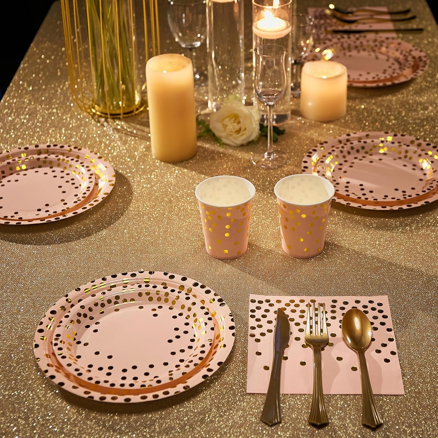 Pink and Gold Party Supplies - 350 PCS Disposable Dinnerware Set - Pink Paper Plates Napkins Cups, Gold Plastic Forks Knives Spoon for Graduation, Birthday, Thanksgiving, Cocktail Party