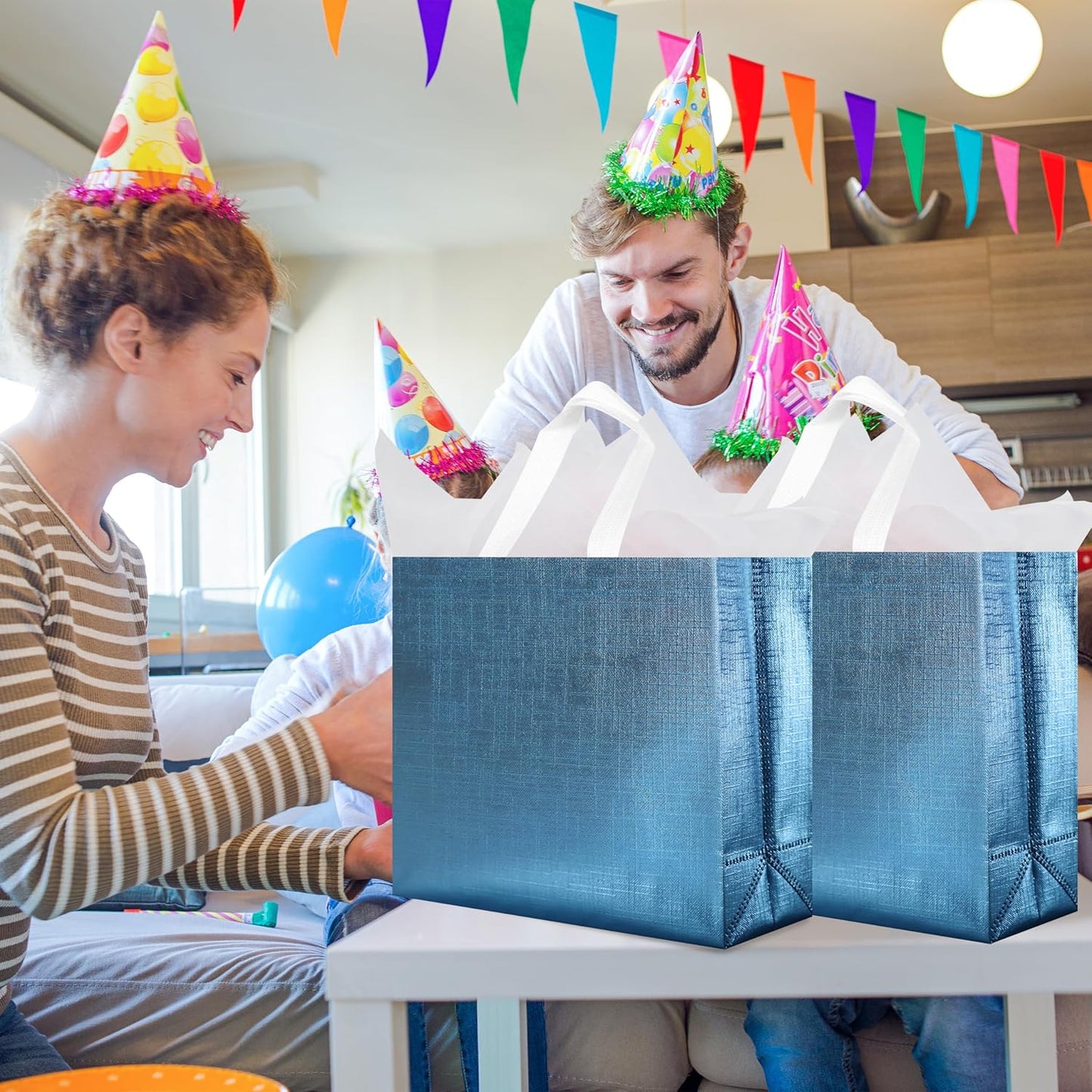 cabzymx 25 Pcs Blue Reusable Gift Bags with Metallic Design, Non-woven Gift Bag Bulk with Handles, Glossy Party Bags for Wrapping Gifts, Birthday, Wedding, Parties, Graduation-12.6x4.7x11 In