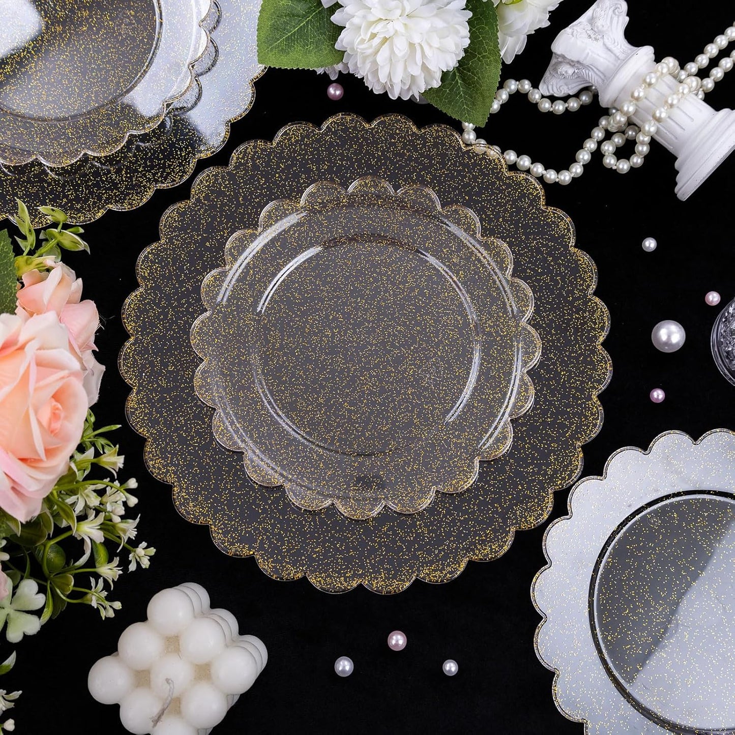 LIYH 60 Pcs Gold Glitter Plastic Scalloped Plates - Disposable Heavyduty Combo Plastic Plates Dishes Included 30 Dinner Plate 30 Dessert Plate for Weddings Party Birthday