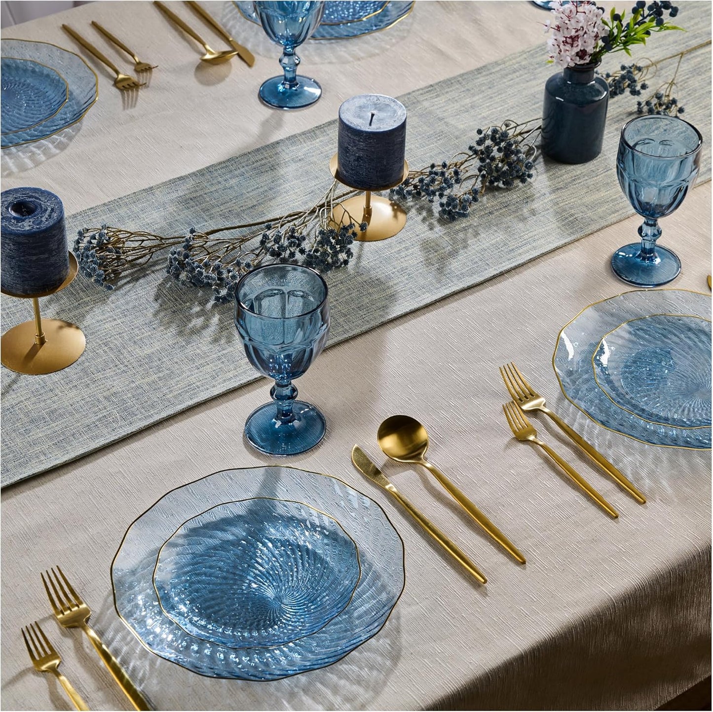 PLASTICPRO 30 Pack Plastic Plates Set of 15-10 inch Plates and 15-7 inch Plates, Elegant Clear Blue Spiral and Gold Rim Disposable Fancy Plates Premium Heavyweight