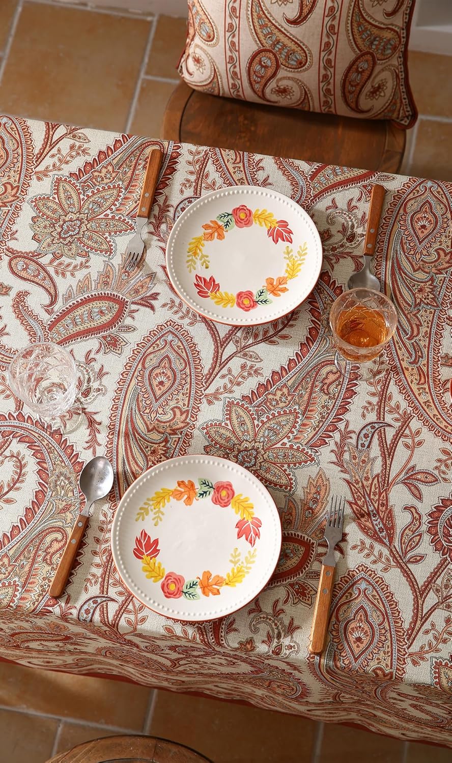 ISAENNE Designer French Red Tablecloth Rectangular,Fall Linen Table Cloth with Cashew Pattern,Stain Proof Decor Tablecloths for Dining Thanksgiving Kitchen Christmas,55"*79"-Chauffrey D