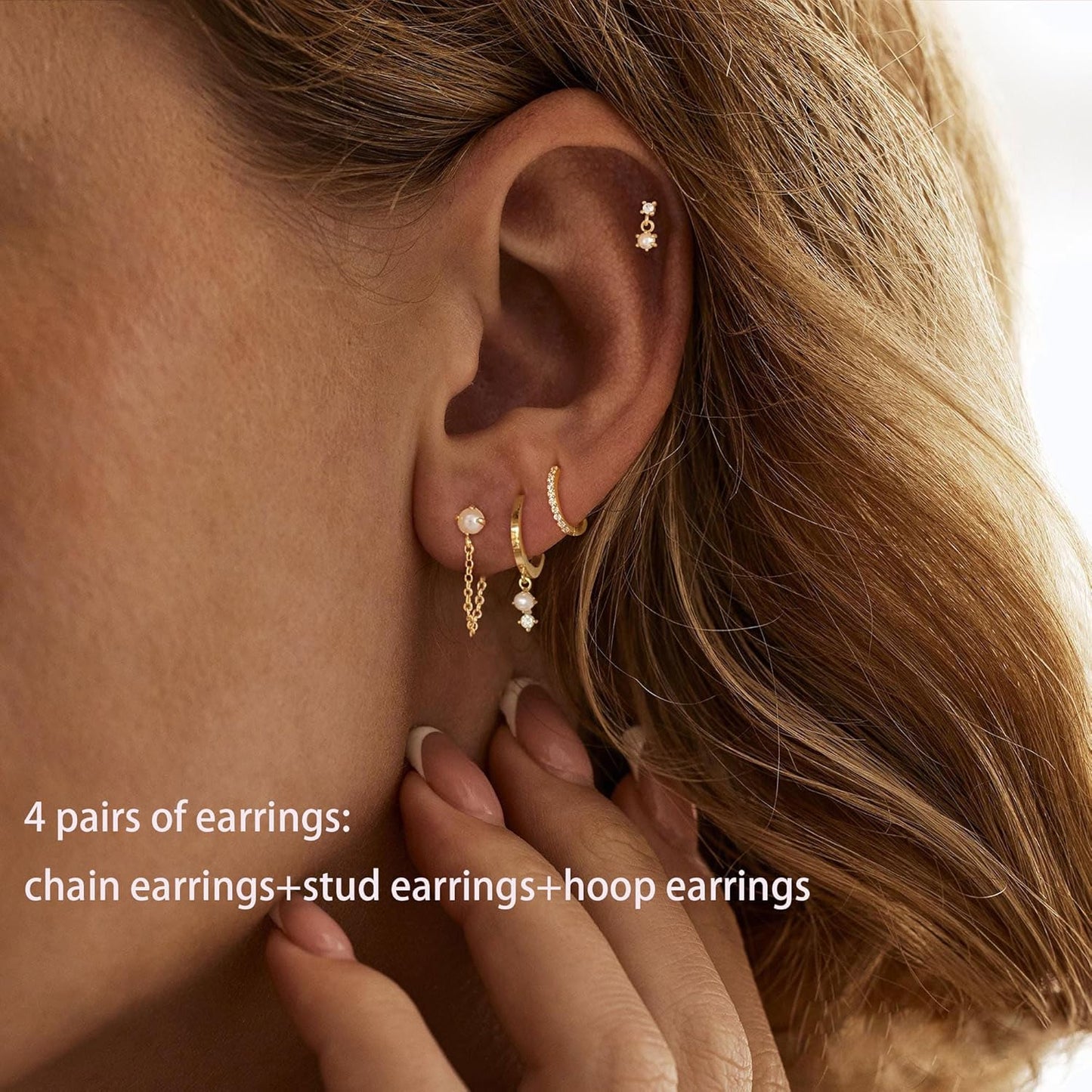 Gold Earrings for Women, 14k Gold Plated Dangle Huggie Earrings for Women Trendy Dainty Gold Hoop Earring Stacks Hypoallergenic Pearl Chain Drop Cartilage Earring Fashion Womens Jewelry