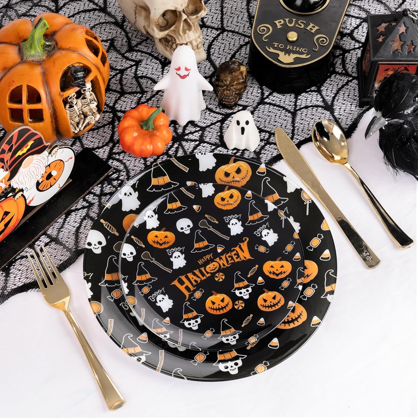 I00000 60 Pcs Halloween Plastic Plates Serve 30 Guests Include: 30 Dinner Party Plate, 30 Dessert Plastic Plate Disposable, Halloween Disposable Plates Perfect for Ghost-Themed Parties and Events