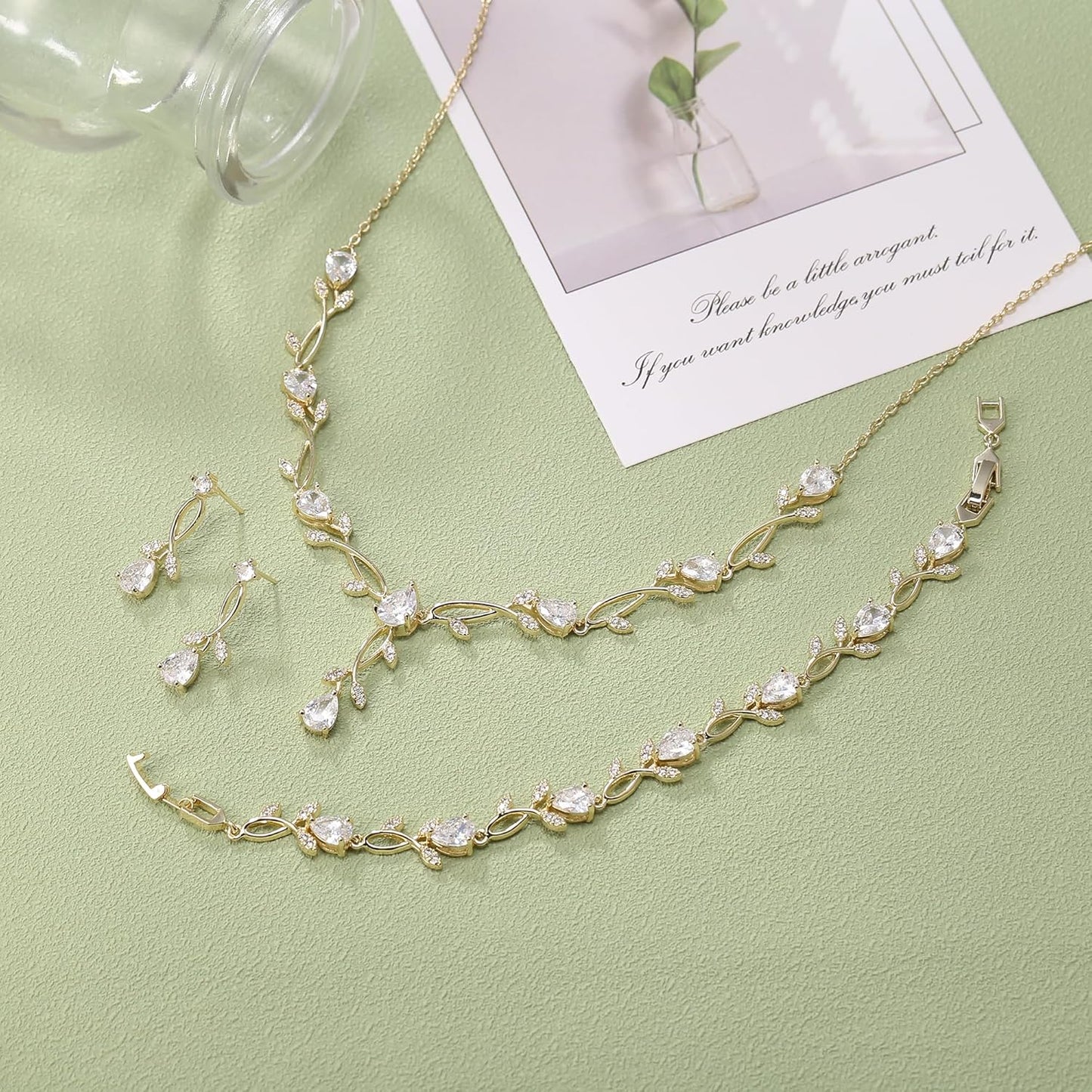 EVER FAITH Bridal Cubic Zirconia Jewelry Sets for Women, White Simulated Pearl Leaf Vine Pendant Wedding Party Necklace Earrings Set for Bridesmaid Bride