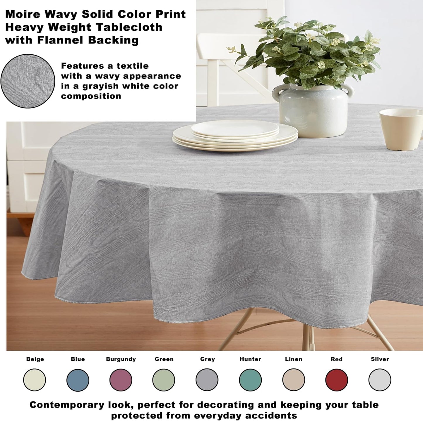 Newbridge Vinyl Flannel Backed Tablecloth, 60 x 84 Inch Oval, Grey Moire Wavy Solid Design, Heavyweight Indoor Outdoor Waterproof Table Cover, Easy Care Wipe Clean