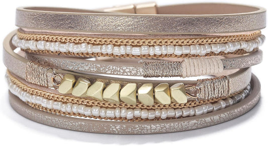 Fesciory Leather Wrap Bracelets for Women, Boho Leopard Multi-Layer Crystal Beads Cuff Bracelet Jewelry