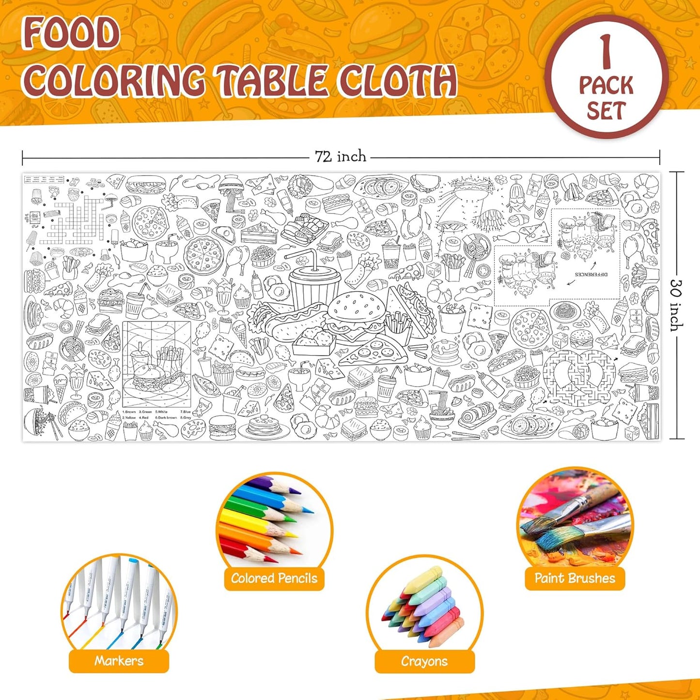 Groovy Coloring Tablecloth for Kids, Colorful 30x72 Inch Poster with Peace Signs, Daisy, Retro Designs, Perfect for Groovy Party Games for Girls, 70s Decorations, Celebration Supplies