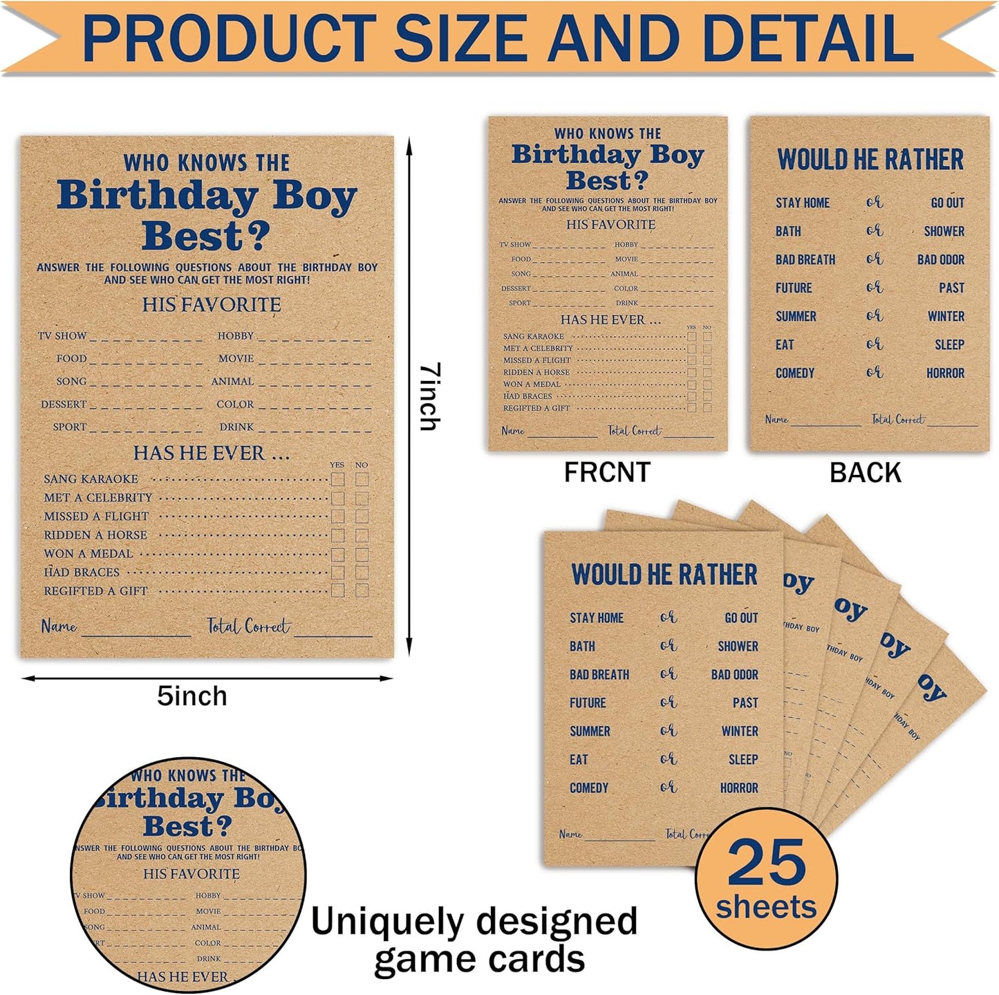 Who Knows The Birthday Boy Best Game Cards - Birthday Sleepover Party Supplies Activity Decorations for The Boy Card Game 5x7 Inch Set of 25 Cards (Double-Sided) - A01