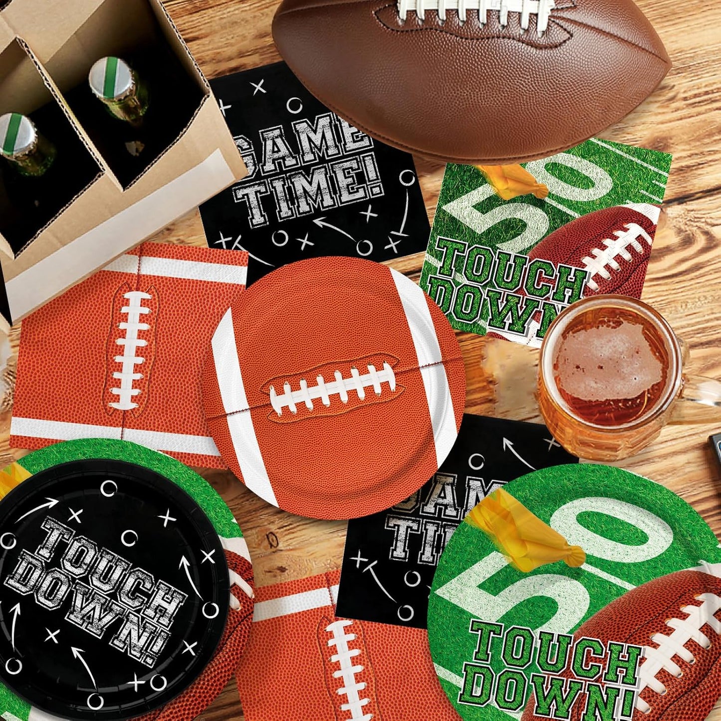 Football Party Decorations Kit for 24: Football Party Supplies Set with Plates, Dessert Plates, Napkins, Cups, Banner & Touchdown Tablecloth - for Football Tailgate Party Decorations