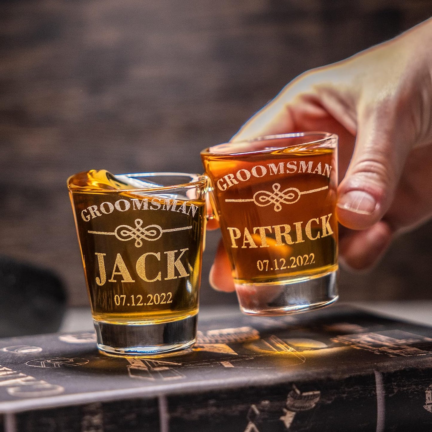 Gifts Inscribed Personalized Shot Glasses Set of 5 – Custom Engraved Groomsmen Glasses – Wedding, Bachelor Party, Drinking Gift for Men, Whiskey Vodka Tequila Shooters