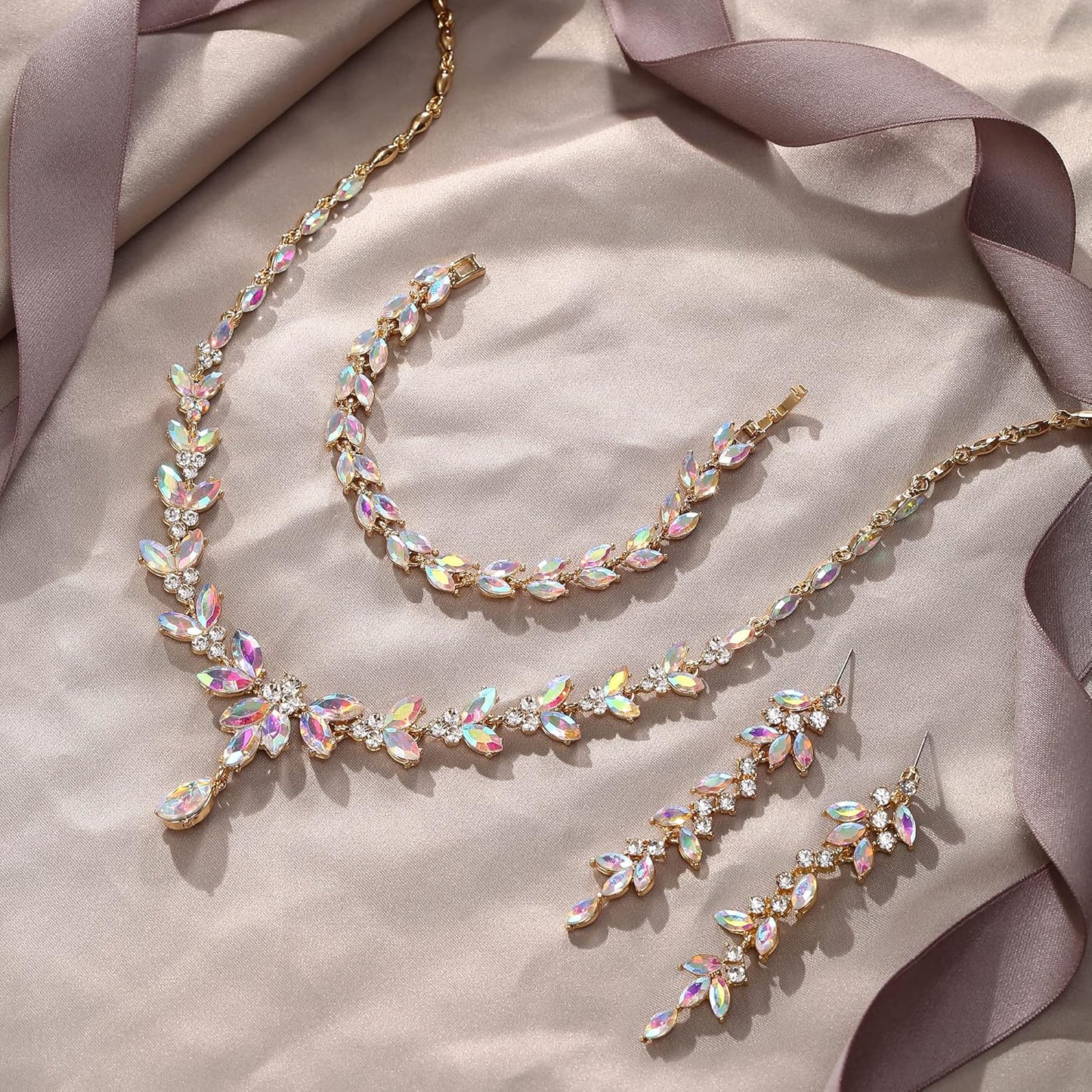 EVER FAITH Austrian Crystal Bridal Bridesmaid Jewelry Sets, Elegant Marquise Rhinestone Leaf Necklace Dangle Earrings Tennis Bracelet Set for Women