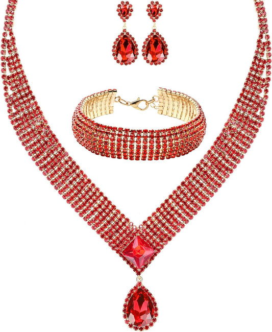 3/4 Pieces Women Jewelry Set Rhinestone Tiara Crown Necklace Bangle Bracelet Artificial Crystal Teardrop Dangle Earrings and Artificial Rhinestone Handbag for Wedding Party