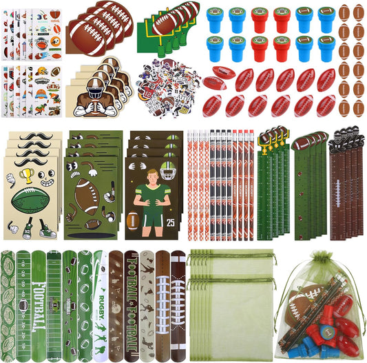 Aneco 340 Piece Football Party Favor Set Football Goodie Bag Stuffers Mini Card Pencil Sharpener Eraser Stamp Slap Bracelet Sticker School Stationery Bulk for Sport Party Team Game Prize Birthday Gift