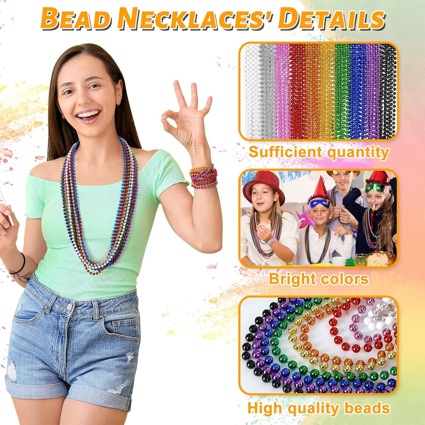 30PCS Mardi Gras Beads, Metallic 10 Kinds Beaded Necklace Party Favors, 33" Colorful Mardi Gras Necklace Bulk Stuff, Festival Parade Throw Accessories for Wedding Birthday Celebrations Decorations