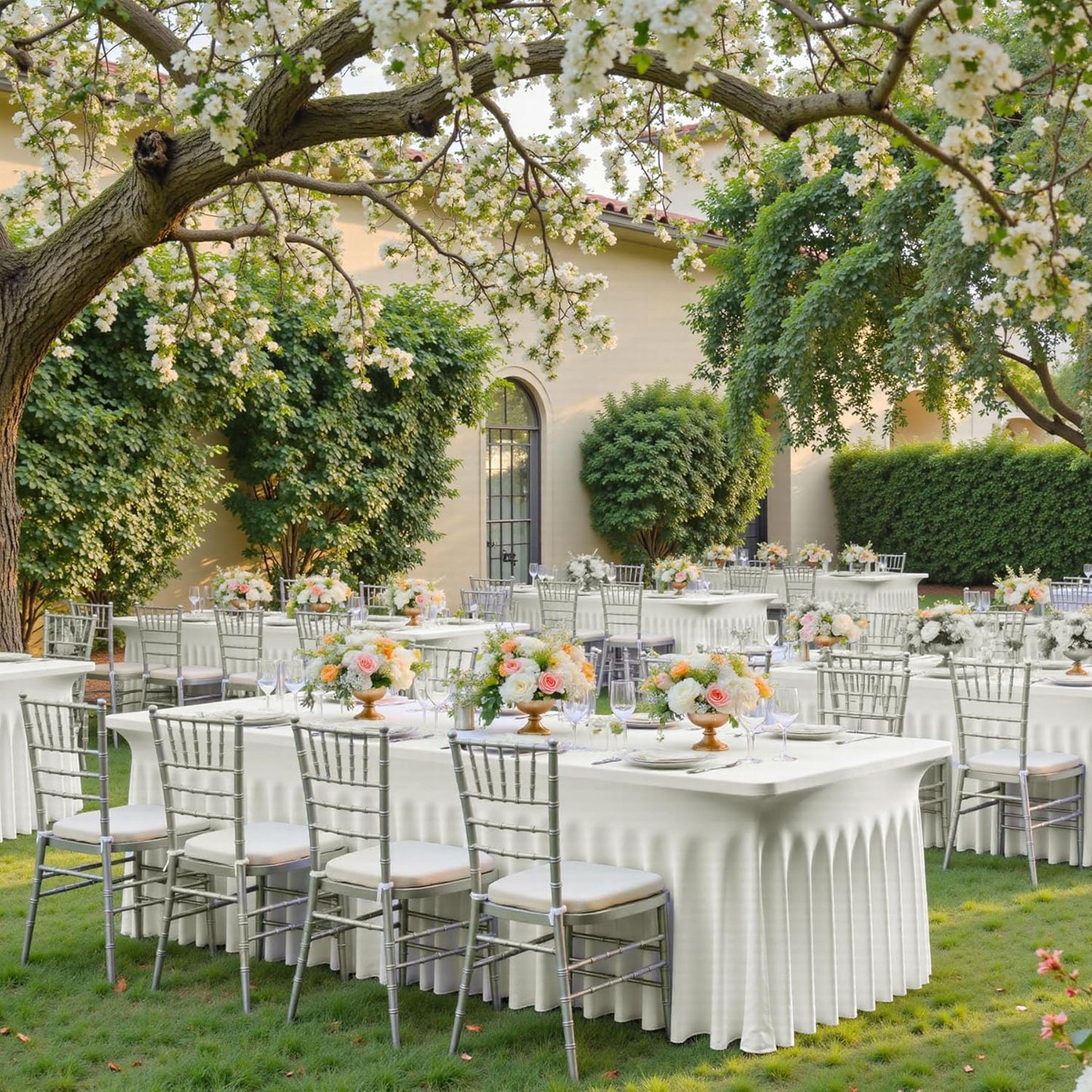 4 pk Ivory Spandex Tablecloth 6ft with Ruffle Skirts,Wrinkle Free High Stretch Cream Fitted Tablecloths for 6 Foot Rectangle Tables,Elastic Spandex Table Covers 6 ft for Parties Weddings Banquet