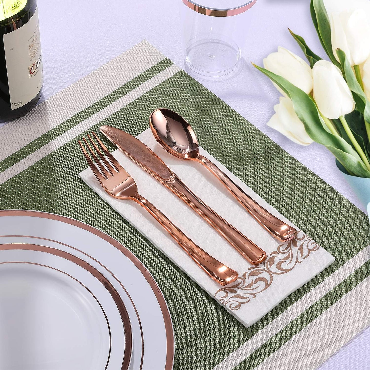 FOCUSLINE 350 Ct Disposable Dinnerware Set for 50 Guests -Heavy Duty Plastic Plates with Rose Gold Rim, Includes 50 Dinner & Salad Plates, Cups, Napkins, Cutlery Set