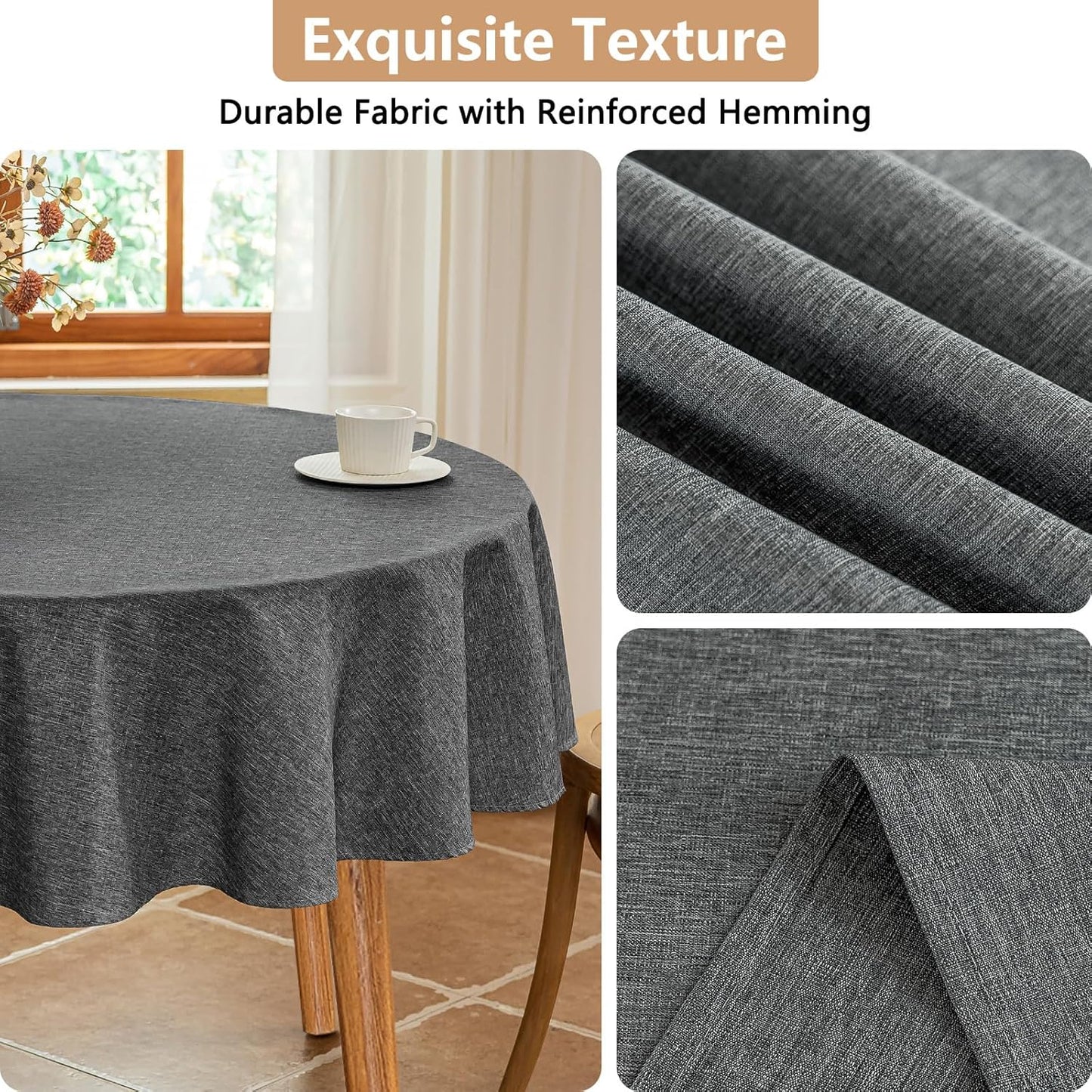 Fabric 60 Inch Grey Round Table Cloth, Faux Linen Textured Stain Resistant & Reusable Circle Tablecloth, Spill Proof for Dinning Kitchen Party