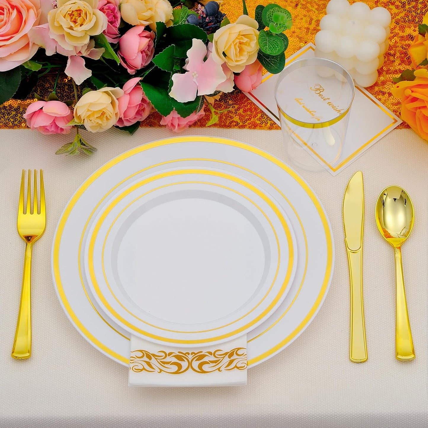 175 PCS Gold Dinnerware Set for 25 Guests, Gold Rimmed White Heavy Duty Plastic Disposable Plates for Party Wedding with 25 Dinner Plates,Dessert Plates, Silverware Set, Cups, Napkins