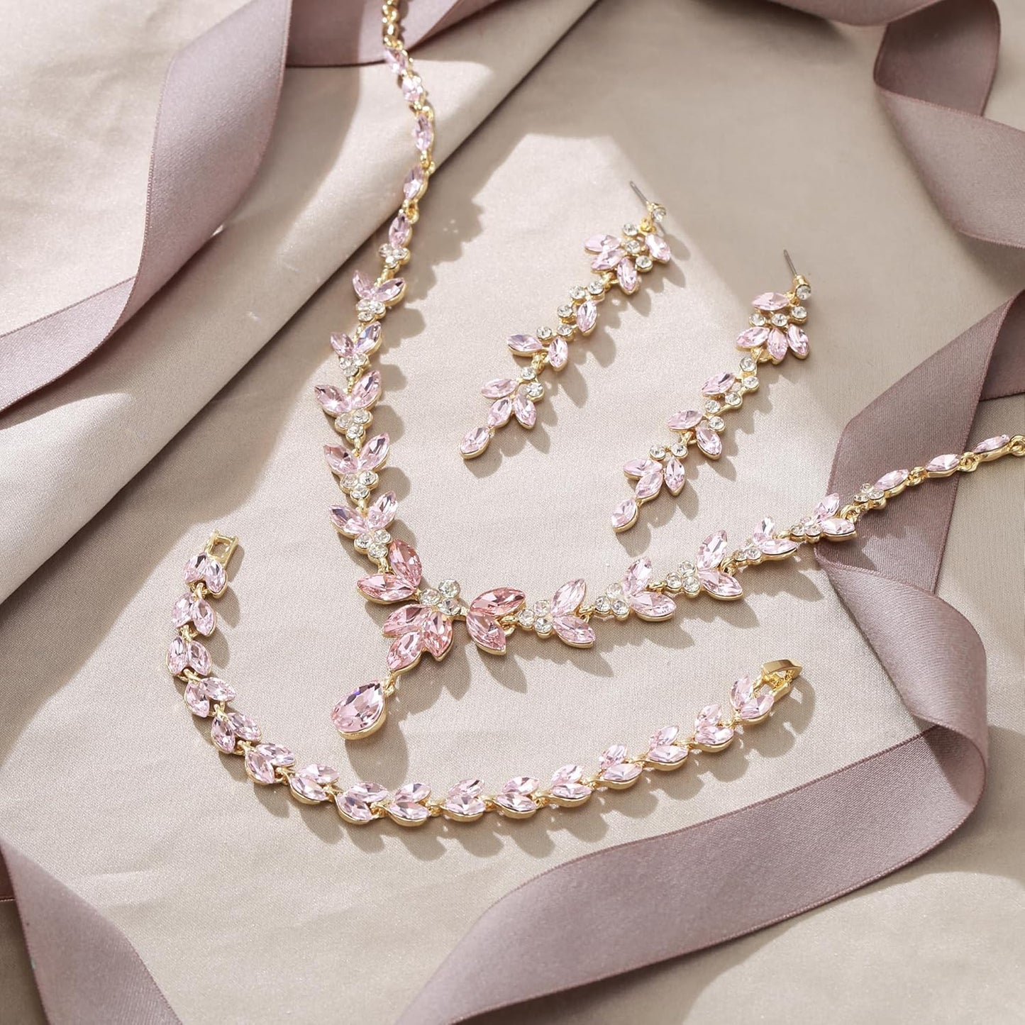 EVER FAITH Austrian Crystal Bridal Bridesmaid Jewelry Sets, Elegant Marquise Rhinestone Leaf Necklace Dangle Earrings Tennis Bracelet Set for Women