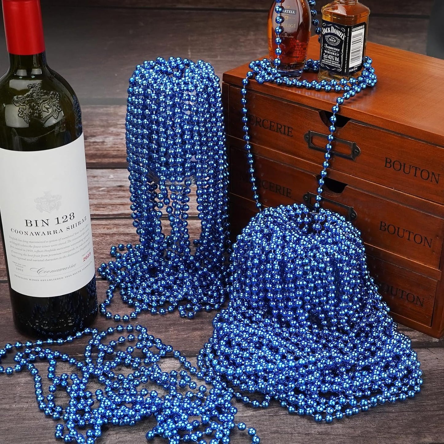 YAXINRUI 24 PCS Blue Bead Necklaces, Blue Mardi Gras Christmas Bead Necklaces, 33 Inch Round Patriotic Necklace, Beads Party Favors for Mardi Gras Christmas 4th of July Festive Events