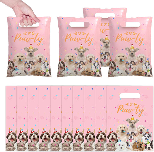 50Pcs Dog Party Favor Bags Cute Dog Themed Birthday Party Supplies Pink Waterproof Goodies Bags with Handles Thickened Pet Paws Plastic Candy Gift Bags for Kids Birthday Party Decoration and Classroom