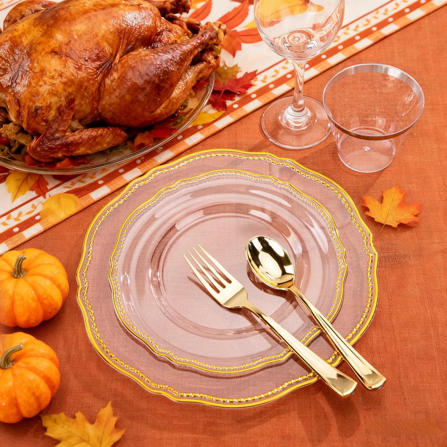 Hioasis 175pcs Clear Gold Plastic Plates - Gold Plastic Dinnerware Set Includes 25 Dinner Plates, 25 Dessert Dinnerware, 25 Cups, 25 Napkins Perfect for Wedding & Party