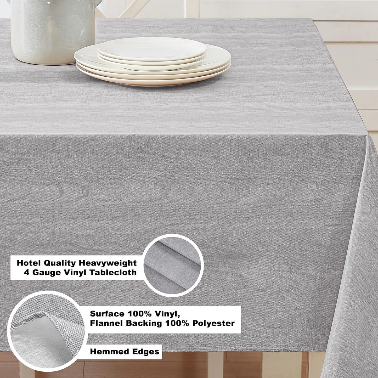 Newbridge Vinyl Flannel Backed Tablecloth, 60 x 84 Inch Rectangle, Grey Moire Wavy Solid Design, Heavyweight Indoor Outdoor Waterproof Table Cover, Easy Care Wipe Clean