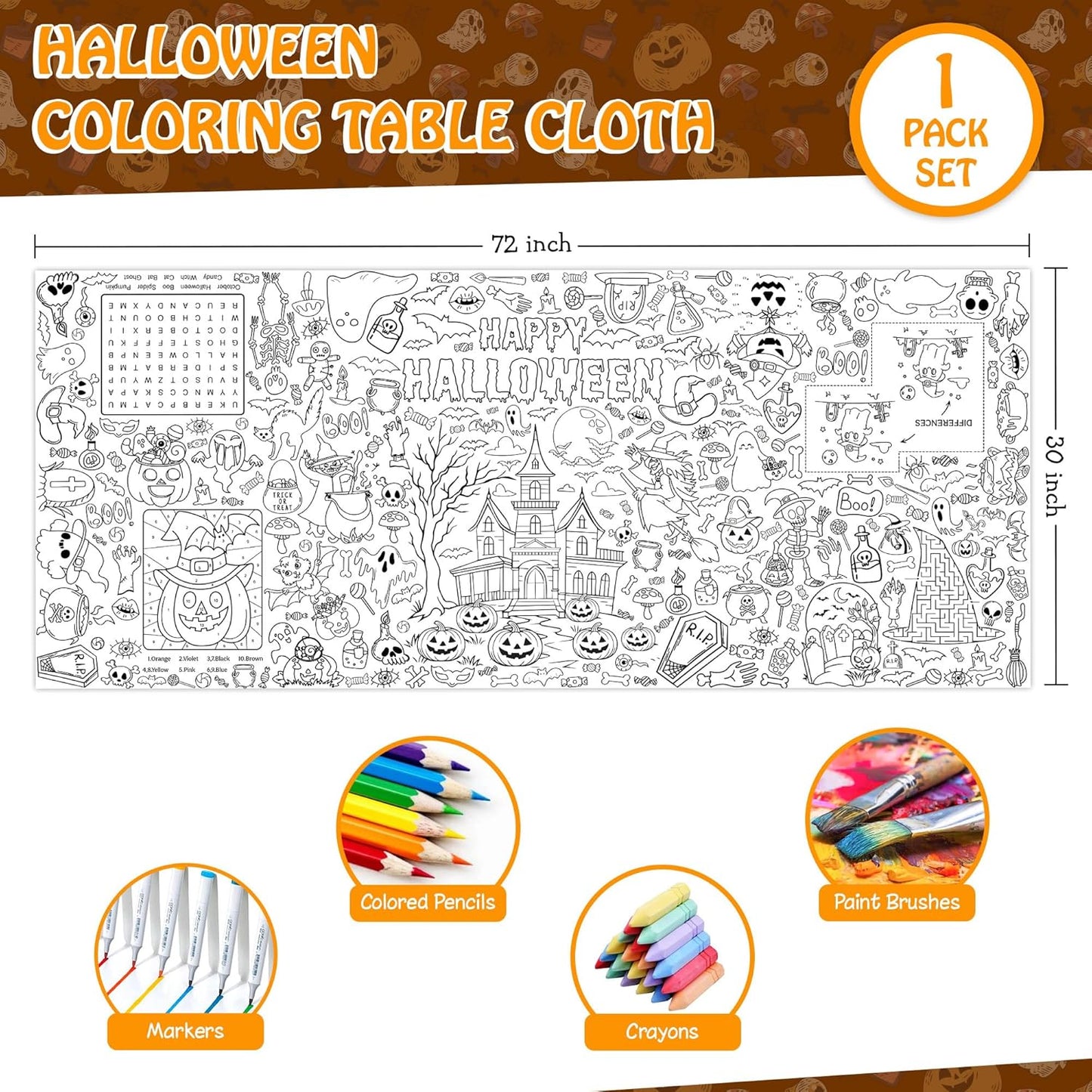 Giant Halloween Coloring Tablecloth for Kids, Large 30x72 Inch Poster with Haunted House, Pumpkins, Ghosts, Bats, Arts Crafts Games Indoor Activities for Halloween Party, Classroom Fun