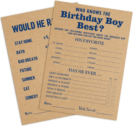 Who Knows The Birthday Boy Best Game Cards - Birthday Sleepover Party Supplies Activity Decorations for The Boy Card Game 5x7 Inch Set of 25 Cards (Double-Sided) - A01